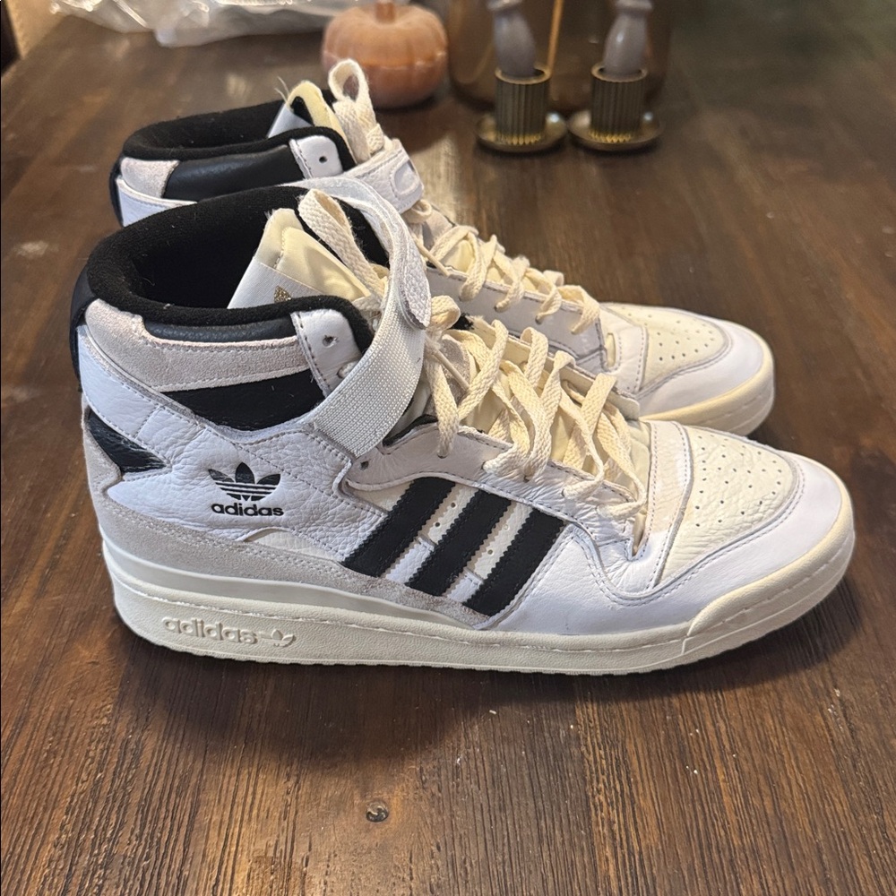 Adidas White and Black Forum Mid Sneakers